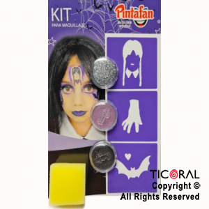 KIT PARA MAQUILLAJE MERLINA ACUA GLITTER EN GEL 2 COLORES + ESPONJA + STENCIL AUTOADHESIVO 650-12 x